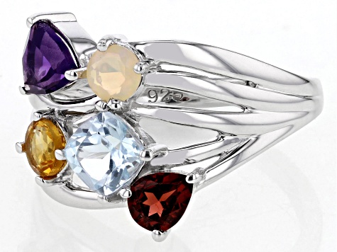 Multi-Color Multi-Gemstone Rhodium Over Sterling Silver Ring