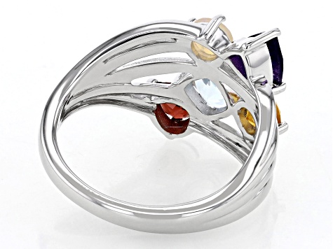 Multi-Color Multi-Gemstone Rhodium Over Sterling Silver Ring