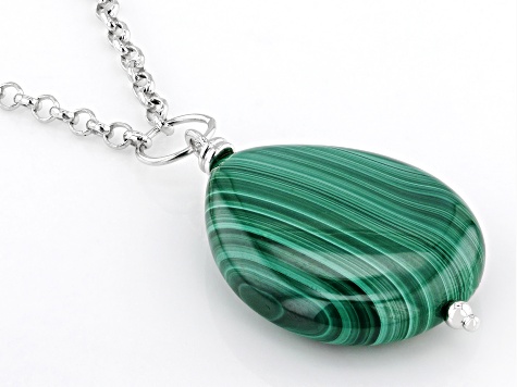 Green Malachite Rhodium Over Sterling Silver Necklace