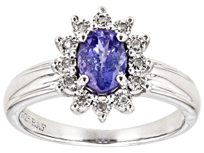 Blue Tanzanite with White Diamond Accent Rhodium Over Sterling Silver Ring 0.72ctw