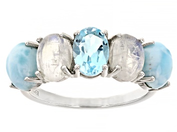 Picture of Sky Blue Topaz, Larimar, and Moonstone Rhodium Over Sterling Silver Ring 0.80ct