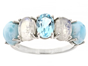 Sky Blue Topaz, Larimar, and Moonstone Rhodium Over Sterling Silver Ring 0.80ct