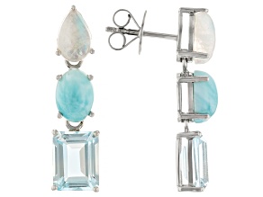 Sky Blue Topaz, Larimar, and Moonstone Rhodium Over Sterling Silver Earrings 4.93ctw