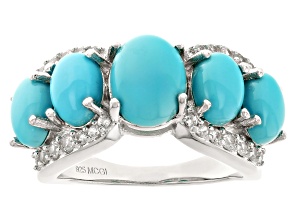 Sleeping Beauty Turquoise With White Zircon Rhodium Over Sterling Silver Ring 0.50ctw