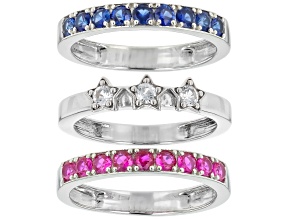 Blue & White Lab Created Sapphire & Lab Created Ruby Platinum Over Silver Set of 3 Rings 1.77ctw