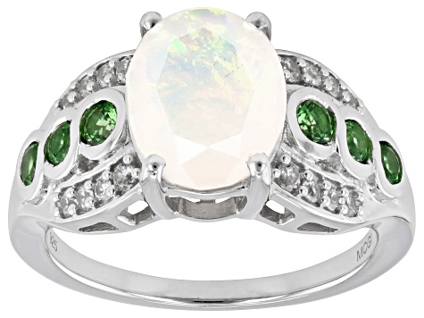 Ethiopian Opal With Tsavorite & White Zircon Rhodium Over Sterling Silver Ring 1.84ctw