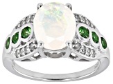 Ethiopian Opal With Tsavorite & White Zircon Rhodium Over Sterling Silver Ring 1.84ctw