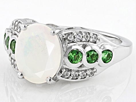 Ethiopian Opal With Tsavorite & White Zircon Rhodium Over Sterling Silver Ring 1.84ctw