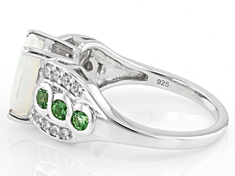 Ethiopian Opal With Tsavorite & White Zircon Rhodium Over Sterling Silver Ring 1.84ctw