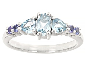 Blue Aquamarine Rhodium Over Sterling Silver Ring 0.84ctw