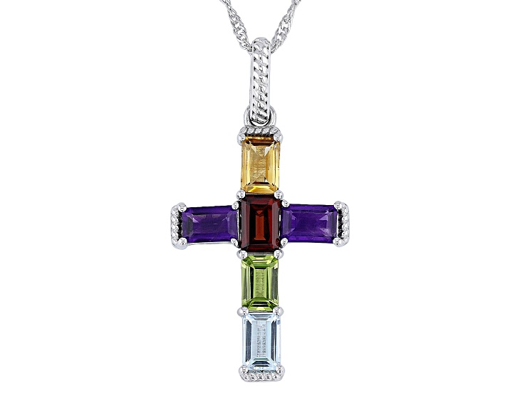 Multi Color Multi-Stone Rhodium Over Sterling Silver Cross Pendant with ...