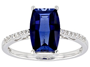 Blue Barrel Cut Lab Created Sapphire Rhodium Over Sterling Silver Ring 4.07ctw