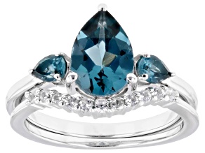 Teal Lab Created Spinel Rhodium Over Sterling Silver Ring Set 3.09ctw