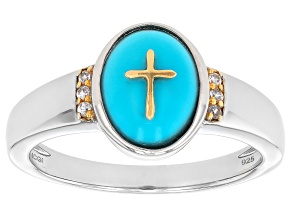 Sleeping Beauty Turquoise 18k Yellow Gold and Platinum Over Silver Cross Design Ring 0.04ctw