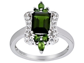 Green Chrome Diopside with White Zircon Rhodium Over Silver Ring 2.02ctw