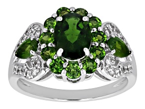 Green Chrome Diopside with White Zircon Rhodium Over Sterling Silver Ring 2.53ctw