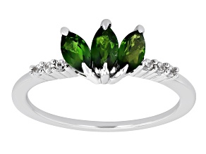 Green Chrome Diopside with White Zircon Platinum Over Sterling Silver Ring 0.72Ctw