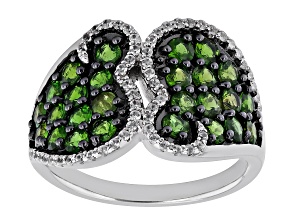 Green Chrome Diopside with White Zircon Rhodium Over Sterling Silver Ring 1.93Ctw