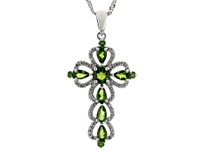 Green Chrome Diopside with White Zircon Rhodium Over Silver Cross Pendant Chain 2.04ctw