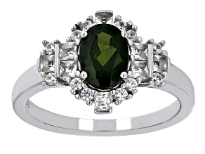 Green Chrome Diopside with White Topaz & White Zircon Rhodium Over Silver Ring 1.72ctw