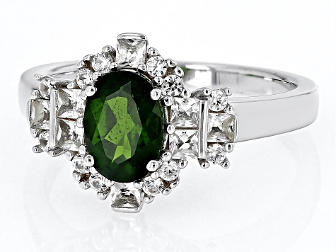 Green Chrome Diopside with White Topaz & White Zircon Rhodium Over Silver Ring 1.72ctw