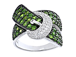 Chrome Diopside With White Zircon Rhodium Over Silver Buckle Ring