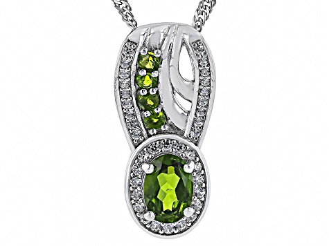 Green Chrome Diopside with White Zircon Rhodium Over Sterling Silver Pendant with Chain 1.16ctw