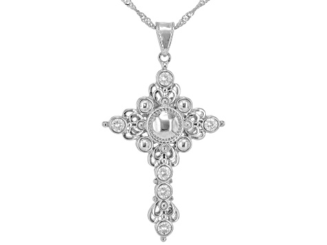 White Cubic Zirconia White Silver Cross Pendant with Chain 1.20Ctw