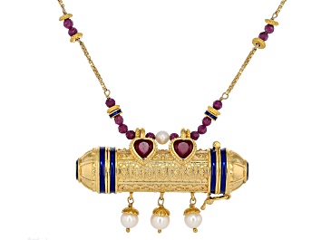 Picture of Ruby and Fresh Water Pearl 18k Yellow Gold Over Silver Indian Prayer Locket Necklace 13.30Ctw