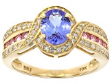 Blue Tanzanite and Pink Spinel with White Diamond 10k Yellow Gold Ring 1.55ctw