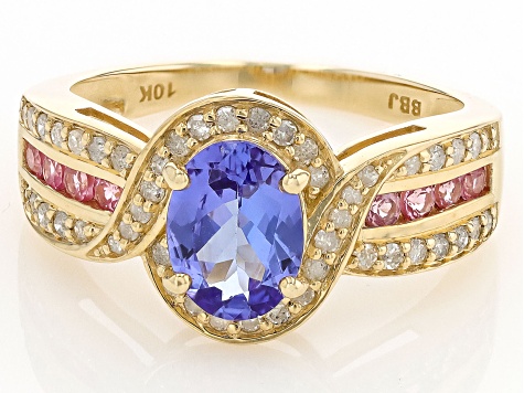 Blue Tanzanite and Pink Spinel with White Diamond 10k Yellow Gold Ring 1.55ctw