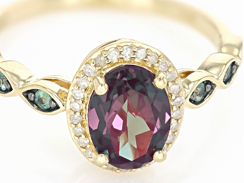 Blue Lab Created Alexandrite with Orissa Alexandrite and White Diamond 10k Yellow Gold Ring 1.43Ctw