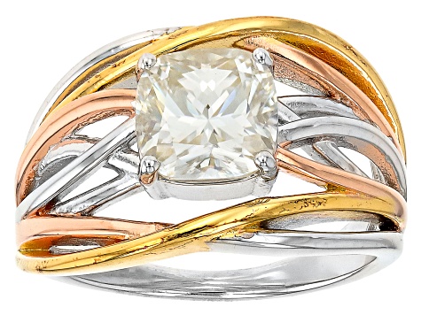 Moissanite Platineve with 14k Yellow Gold and Rose Gold Over Silver crossover Ring 1.80ct DEW