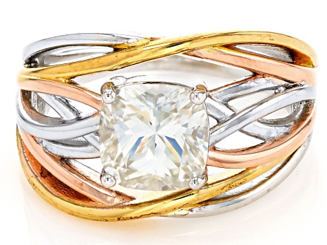 Moissanite Platineve with 14k Yellow Gold and Rose Gold Over Silver crossover Ring 1.80ct DEW