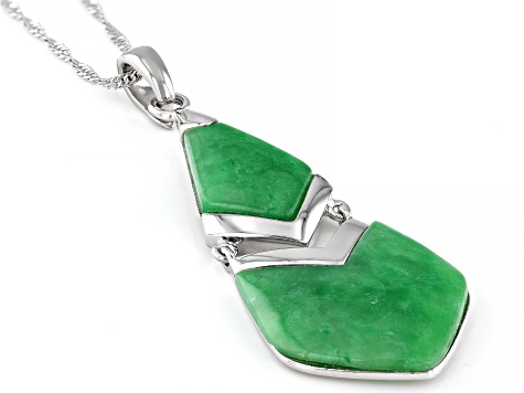Jadeite Rhodium Over Sterling Silver Dangle Pendant with Chain 16.14Ctw