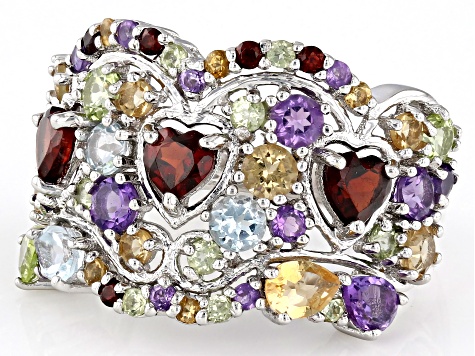 Multi-Gemstone Rhodium Over Sterling Silver Band Ring 3.28ctw