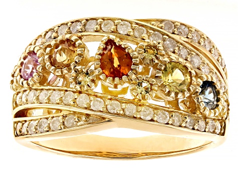 Multi-Color Sapphire and White Diamond 14k Yellow Gold Crossover Band Ring 1.17Ctw