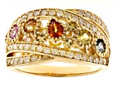 Multi-Color Sapphire and White Diamond 14k Yellow Gold Crossover Band Ring 1.17Ctw