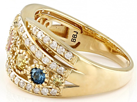 Multi-Color Sapphire and White Diamond 14k Yellow Gold Crossover Band Ring 1.17Ctw