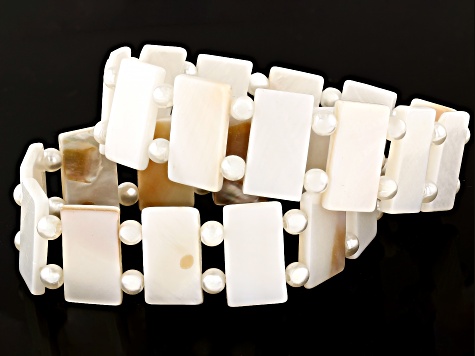 White Cultured Freshwater Pearl and Mother-Of-Pearl Set of Two Stretch Bracelets