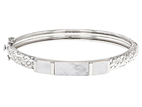 White Mother-of-Pearl Rhodium Over Sterling Silver Bangle Bracelet 4.59Ctw