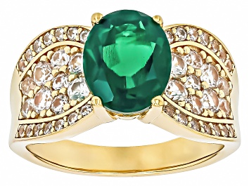 Picture of Lab Created Emerald Oval 10x8mm and White Zircon 18K Yellow Gold Over Sterling Silver Ring 2.42ctw