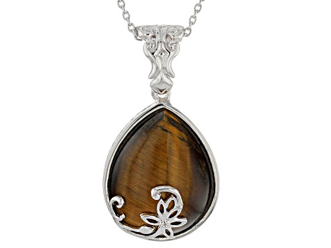 Brown tiger's eye rhodium over sterling silver enhancer with chain