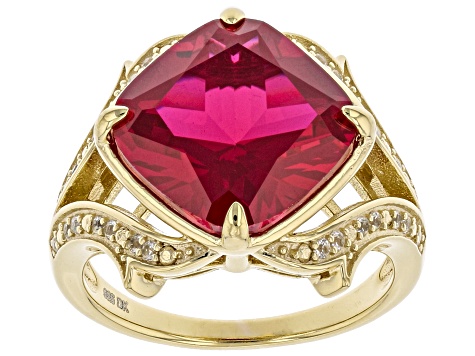 Red Lab Ruby and Lab White Sapphire 18K Yellow Gold Over Sterling Silver Ring 7.21ctw