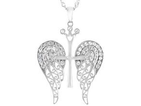 White Lab Created Sapphire Rhodium Over Sterling Silver Cross Pendant With Chain 1.18ctw