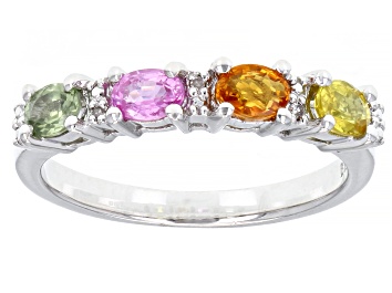 Picture of Multi-Color Sapphire Rhodium Over Sterling Silver Ring. 0.86ctw