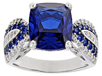 Blue Lab Created Spinel Rhodium Over Sterling Silver Ring 5.66ctw