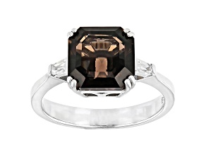 Brown Smoky Quartz And 0.25ctw White Zircon Rhodium Over Sterling Silver Ring 2.75ctw