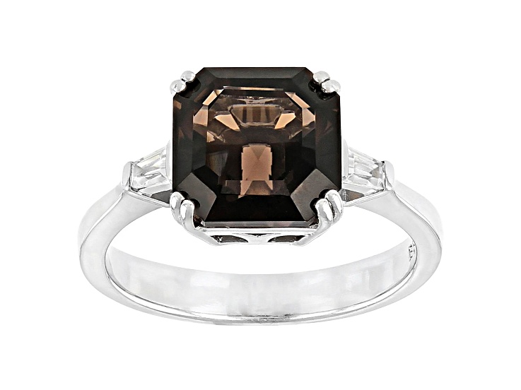 Brown Smoky Quartz And 0.25ctw White Zircon Rhodium Over Sterling Silver  Ring 2.75ctw