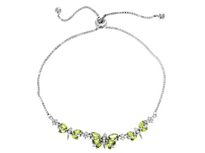 Green Peridot With White Zircon Rhodium Over Sterling Silver Butterfly Bolo Bracelet 2.17ctw